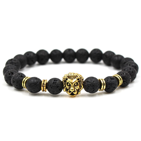 Bracelet Homme Perle Lion pierre de lave or