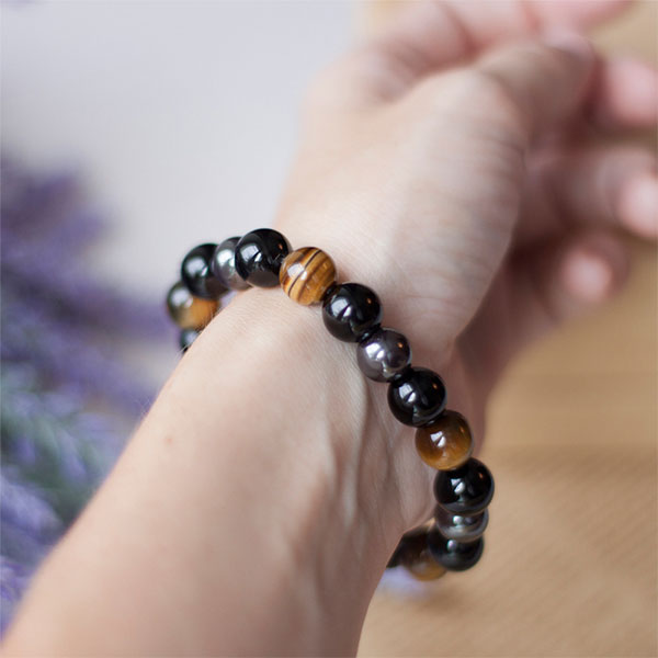 Bracelet oeil de Tigre hématite et Obsidienne Triple Protection