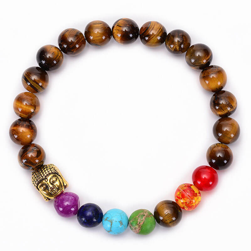 Bracelet 7 Chakras Bouddha en Oeil de Tigre OR