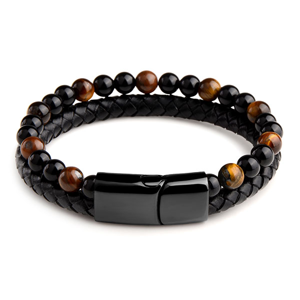 Bracelet Homme Perle Cuir Oeil de Tigre