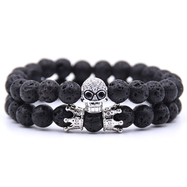 Bracelet Homme élastique SKULL Argent - Perles choco & Tête de