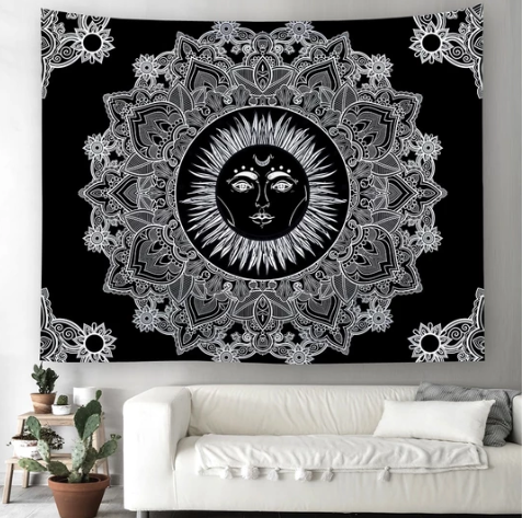 Tenture Murale Mandala Noir et Blanc Soleil